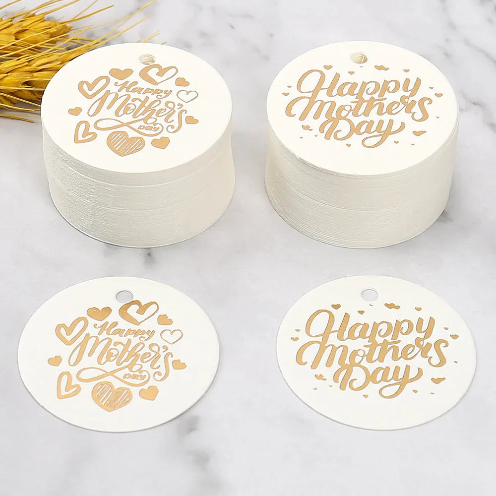 50pcs Happy Mother's Day Gift Tags Bronzing White Paper Cards Mother Mum Mommy Gifts Bags Boxes Decoration Product Hang Tag
