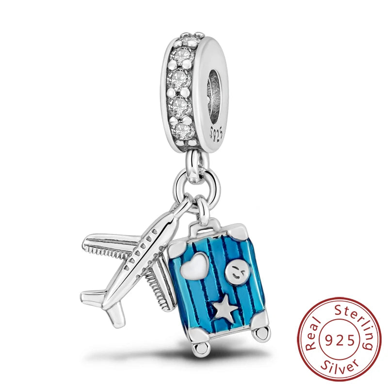 925 Sterling Silver Charms Bead Dangle Airplane Luggage Passport Travel Charms Fit Original Charms Bracelet Jewelry Gift