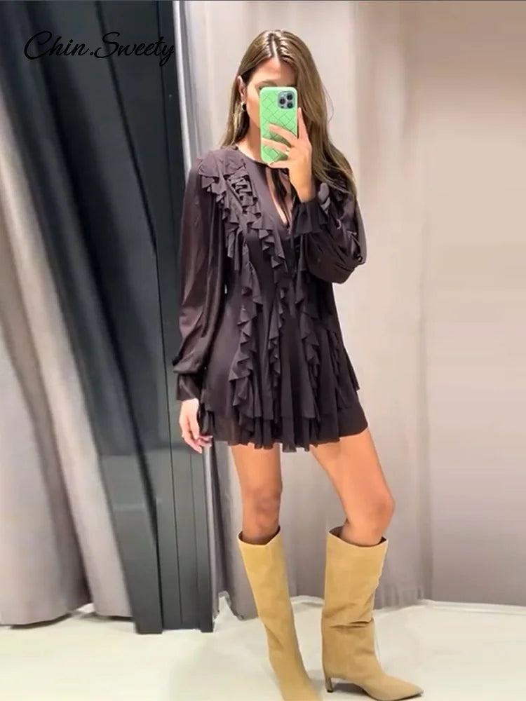 Sexy Ruffles Short Dress V-neck Long Lantern Sleeve Pleated Brown Party Dresses Female Spring Summer Lady Loose Vestidos
