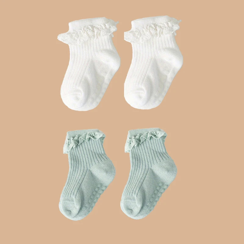 2pairs/lot Children's non slip socks for infants and young children 0-6 months girls' solid colored lace socks baby floor socks