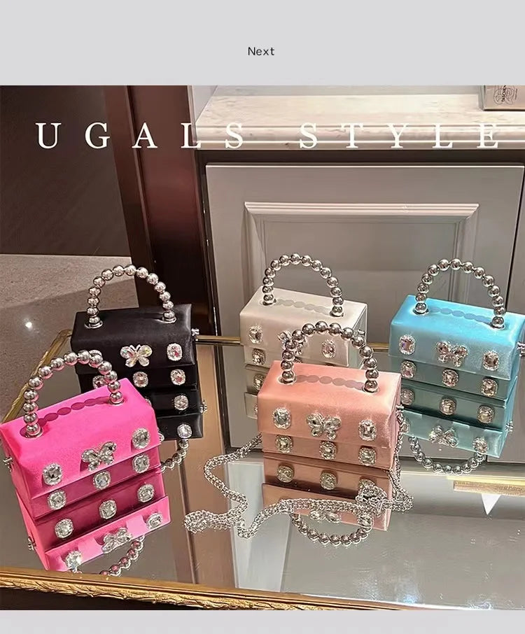 Luxury Designer Satin Square Box Crystal Shiny Diamonds Evening Bag Women's Handbag Wedding Party Clutch Purse Crossbody Bag