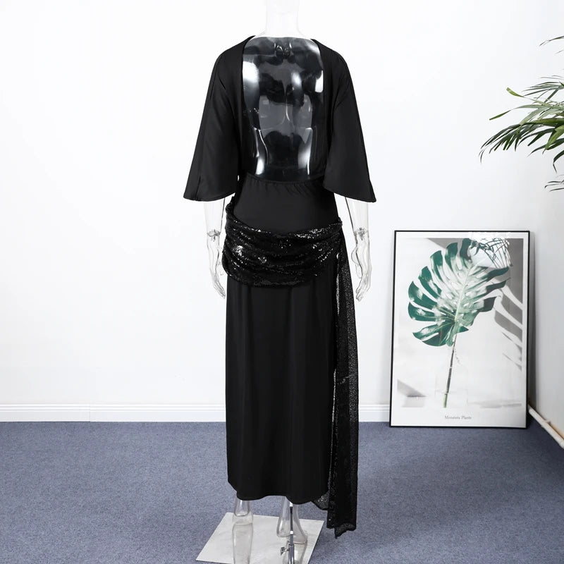 Sequined Patchwork Evening Dress Women Sexy Backless Half Sleeve Slim Hip Package Long Dresses Fashion Elegant Party Robes Lady