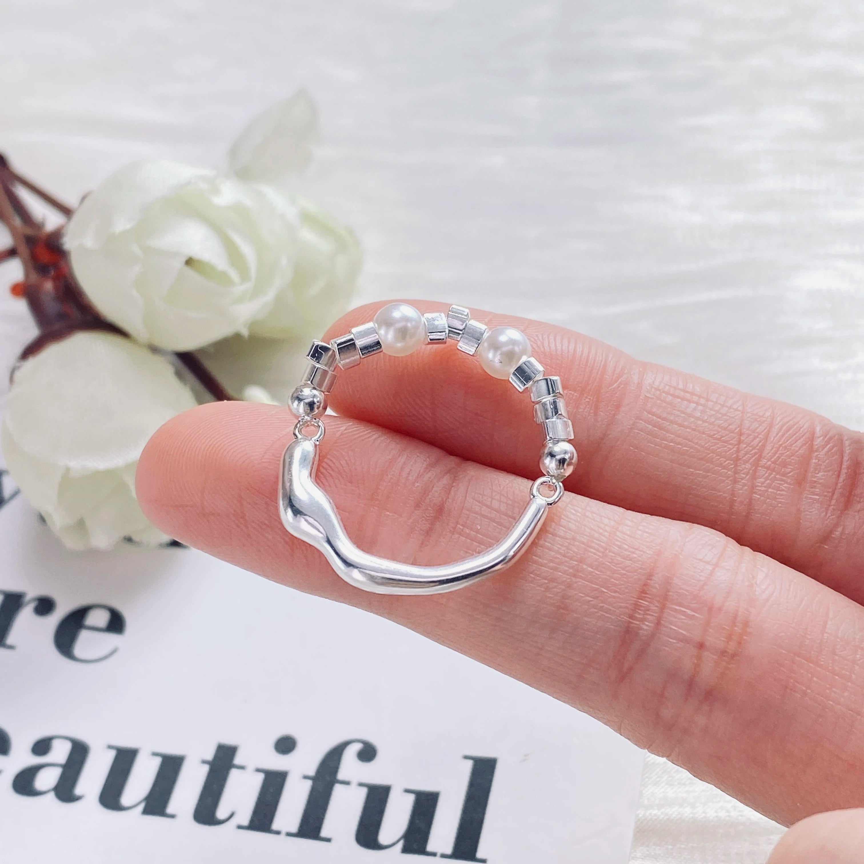 PANJBJ 925 Sterling Silver Pearl Irregular Ring for Women Shell Overlapping Hollow Sweet Design Jewelry Gift Dropshipping