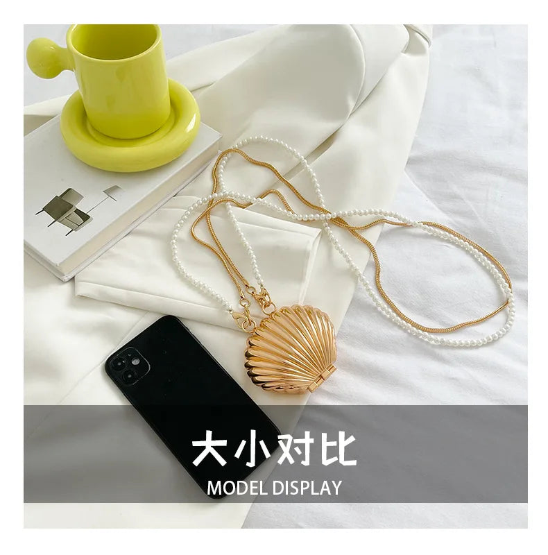 2026 New Summer Lipstick Bags for Women Fashion Pearl Mini Purse Crossbody Bag High Quality Gold Shell Bag Designer Shoulder Bag