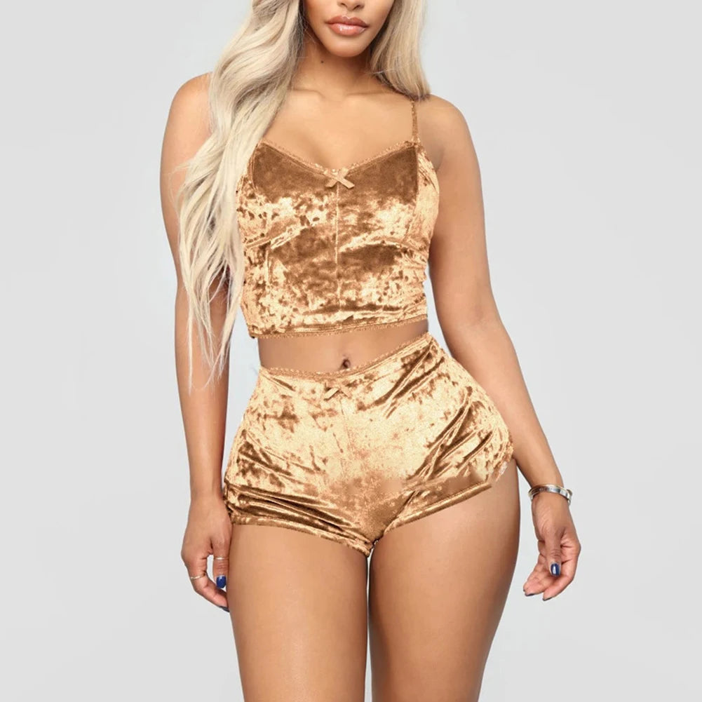 Women Sexy Lingerie Set Oil Shiny Nightwear Super Soft Short Sleepwear Sleeveless Crop Tops Solid Shorts Pajamas Set Casual Wear