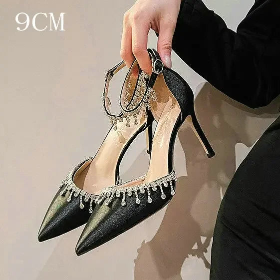 Comemore White Wedding Bridesmaid Shoes Satin Fashion Rhinestone Fringe Chain High Heels Black Temperament Elegance Pumps