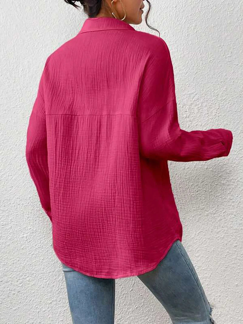 100% Cotton Gauze Muslin Women Shirts Casual Turn Down Collar Long Sleeve Top Office Lady Elegant Blouses for Women Blusas