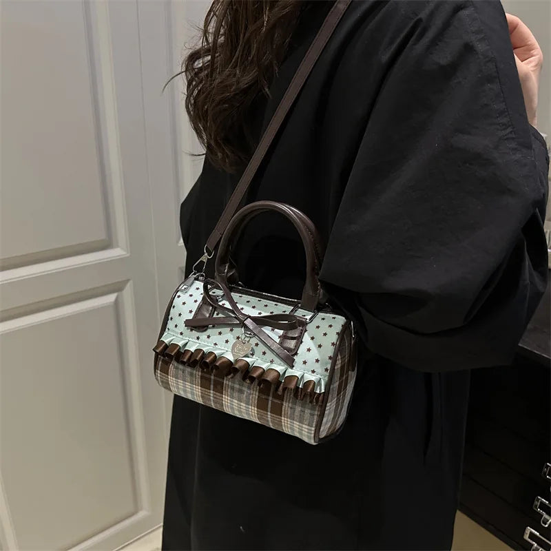 Korean Bow Pillow Bag Women Star Checkered Handbag Blue Brown Pleated Edge Shoulder Bag Cute Heart-shaped Pendant Crossbody Bag