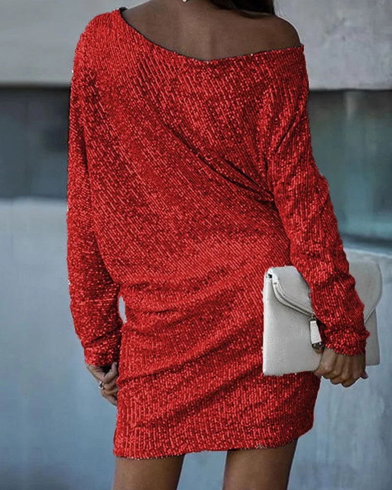 Sexy Slim-Fit Sequined Mini Dress Autumn and Winter New Dress Women Long Sleeve Off Shoulder Slash Neck Party Formal Dress
