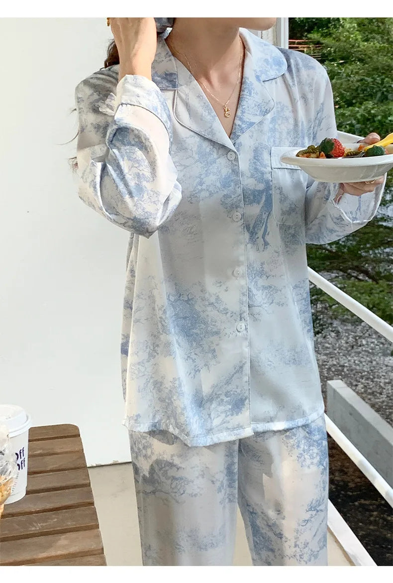 Women Sleepwear 2PCS Pajamas Set Sexy Print Flower Long Sleeve Trouser Suits Loungewear Loose Casual Satin Home Clothes Pyjama