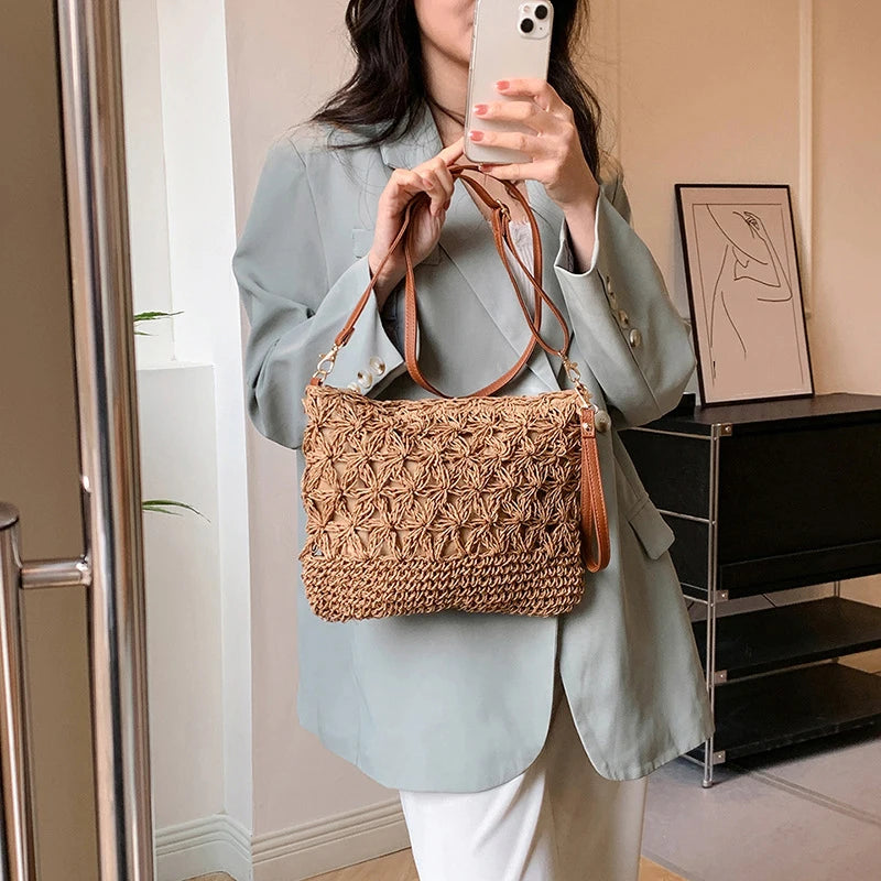 Summer Beach Women Straw Rattan Weave Shoulder Crossbody Bag Hollow Design Female Retro Daily Messenger Handbag