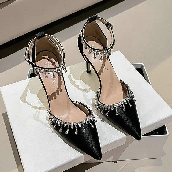 Comemore White Wedding Bridesmaid Shoes Satin Fashion Rhinestone Fringe Chain High Heels Black Temperament Elegance Pumps