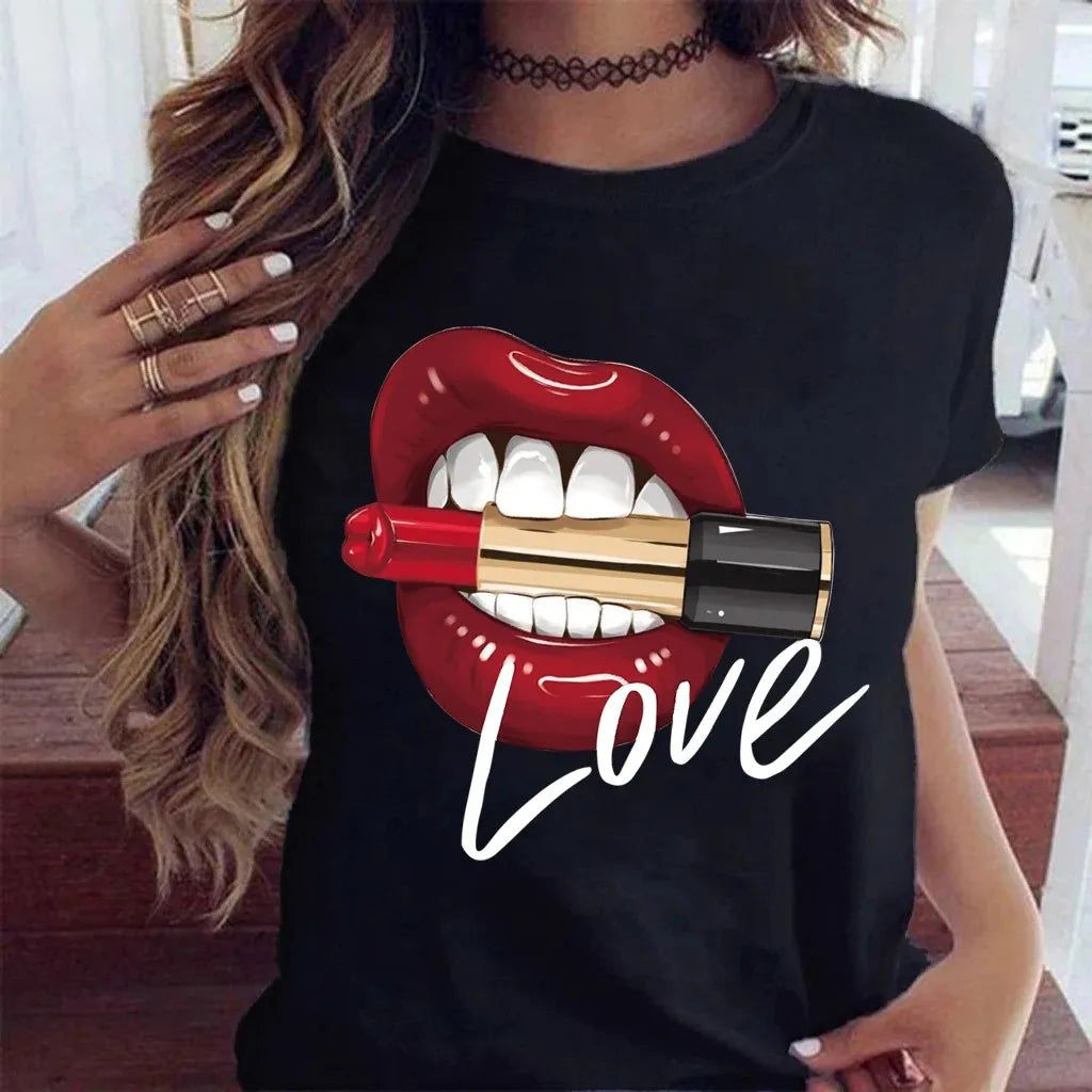 Women Tops O-neck Sexy Black Tees Kiss Lip Funny Summer Female Soft T Shirt Lips Watercolor Graphic T Shirt