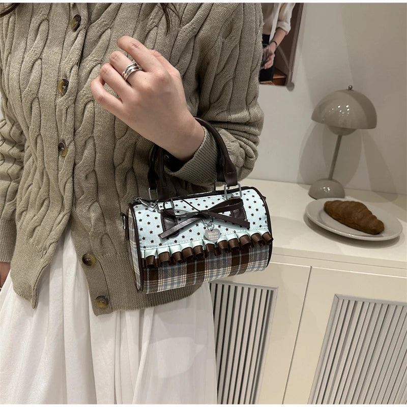 Korean Bow Pillow Bag Women Star Checkered Handbag Blue Brown Pleated Edge Shoulder Bag Cute Heart-shaped Pendant Crossbody Bag