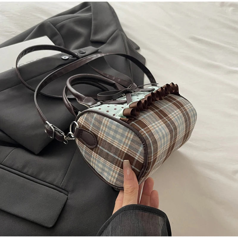 Korean Bow Pillow Bag Women Star Checkered Handbag Blue Brown Pleated Edge Shoulder Bag Cute Heart-shaped Pendant Crossbody Bag