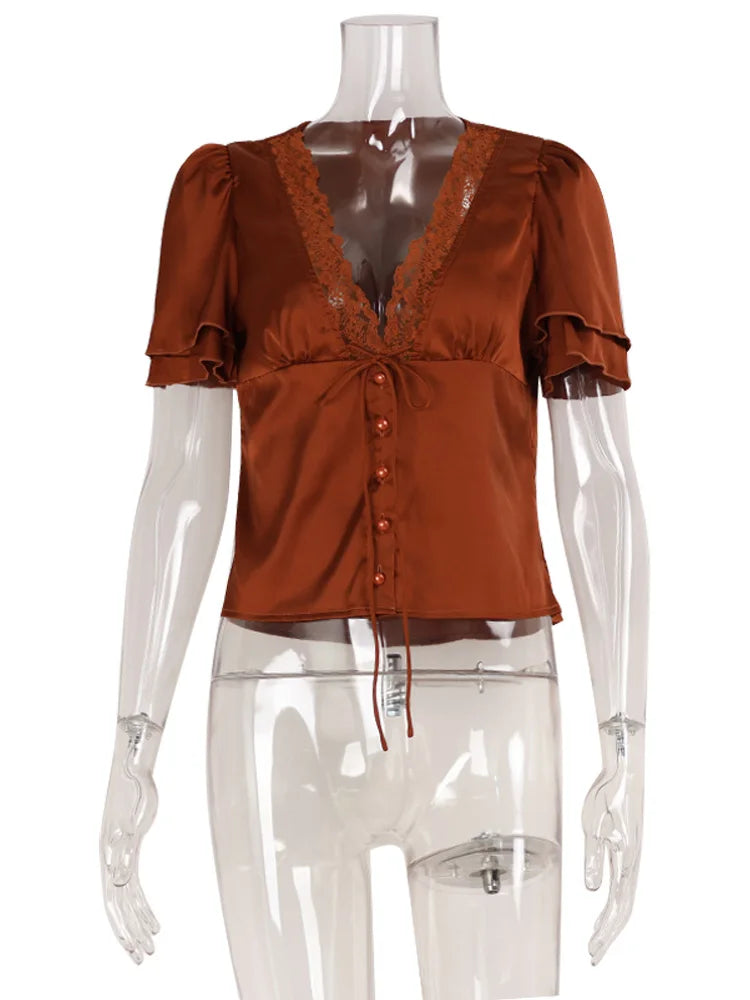 CNYISHE Lace Patchwork Solid Short Sleeve Tops for Women V Neck Sheath Fashion Tees Female Sexy Club T-shirts Elegant Casual