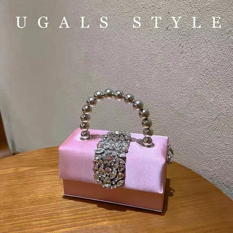 Luxury Designer Satin Square Box Crystal Shiny Diamonds Evening Bag Women's Handbag Wedding Party Clutch Purse Crossbody Bag