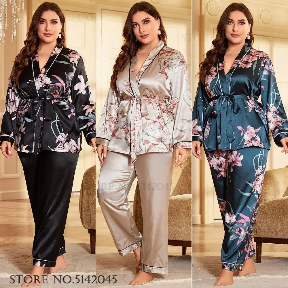 Plus Size 3XL 4XL 5X  Pjs Sleepwear 2PCS Set Print Flower Female Loungewear Pijamas Suit Loose Ice Silk Home Clothes pyjama