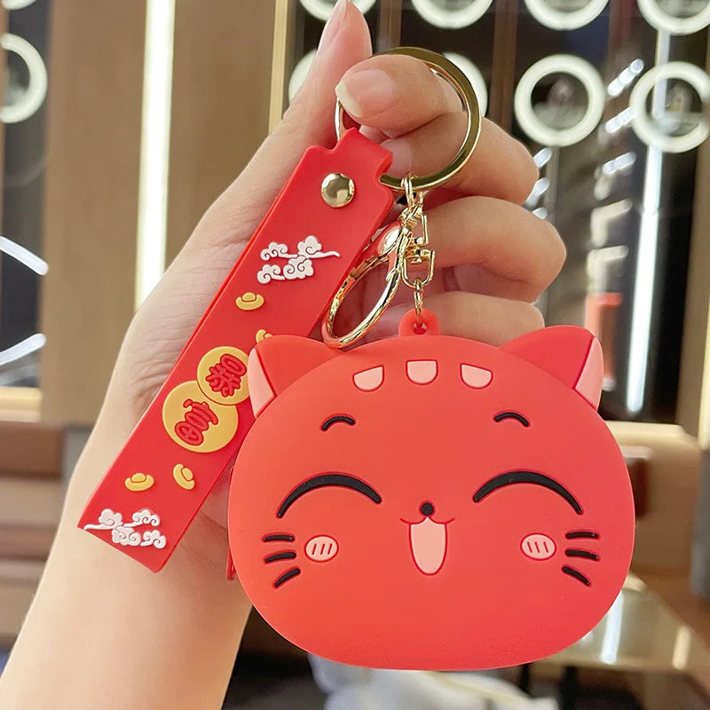 Cute Cartoon Cat Silicone Coin Purse with Keyring Kawaii Kids Coin Bag Portable Data Cable Earphone Organizer Coin Key Pouch