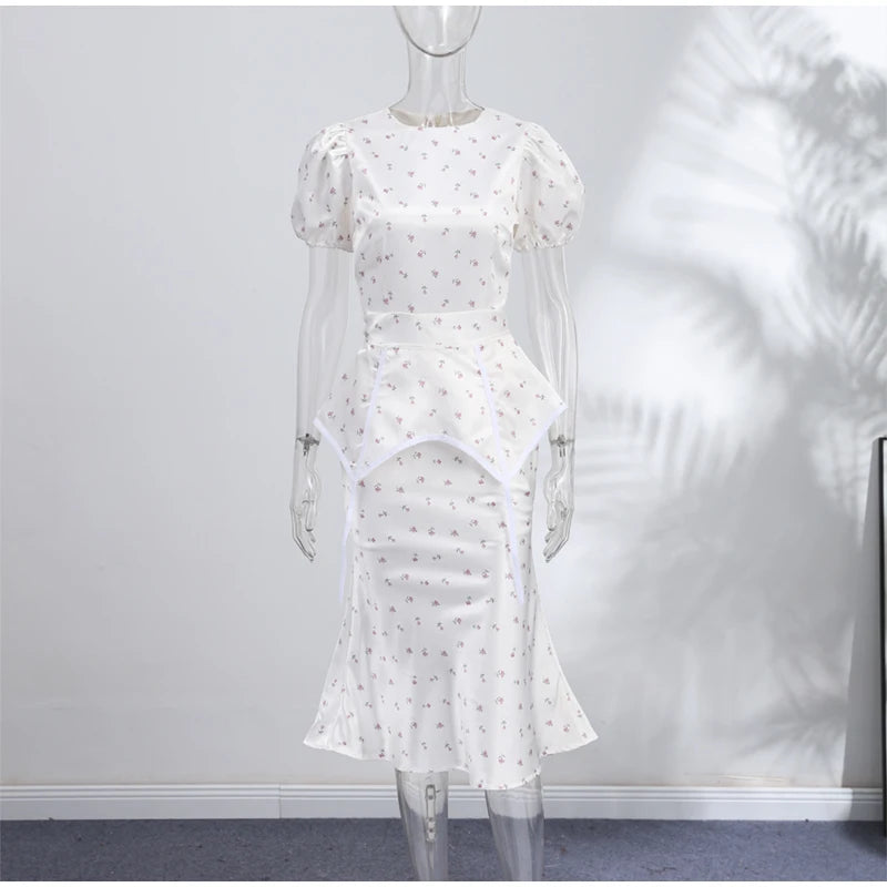Women's White Floral Print Puff Sleeve Dress With Waistband Fashion Satin Ruffled Hem Maxi Dress
