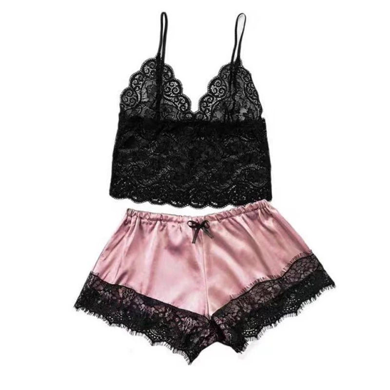 Women's 2 Piece Sexy Lace Pajama Set See-through Bralette Cami Top And Shorts Breathable Sleepwear Plus Size Summer Lingerie