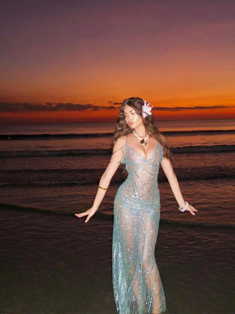 Sexy See Through Blue Sequin Dress For Woman Beautiful Sleeveless Backless V-neck Shiny Sheer Swimsuit Slim Fish Tail Vestidos