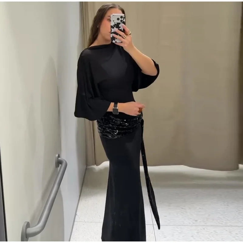 Sequined Patchwork Evening Dress Women Sexy Backless Half Sleeve Slim Hip Package Long Dresses Fashion Elegant Party Robes Lady