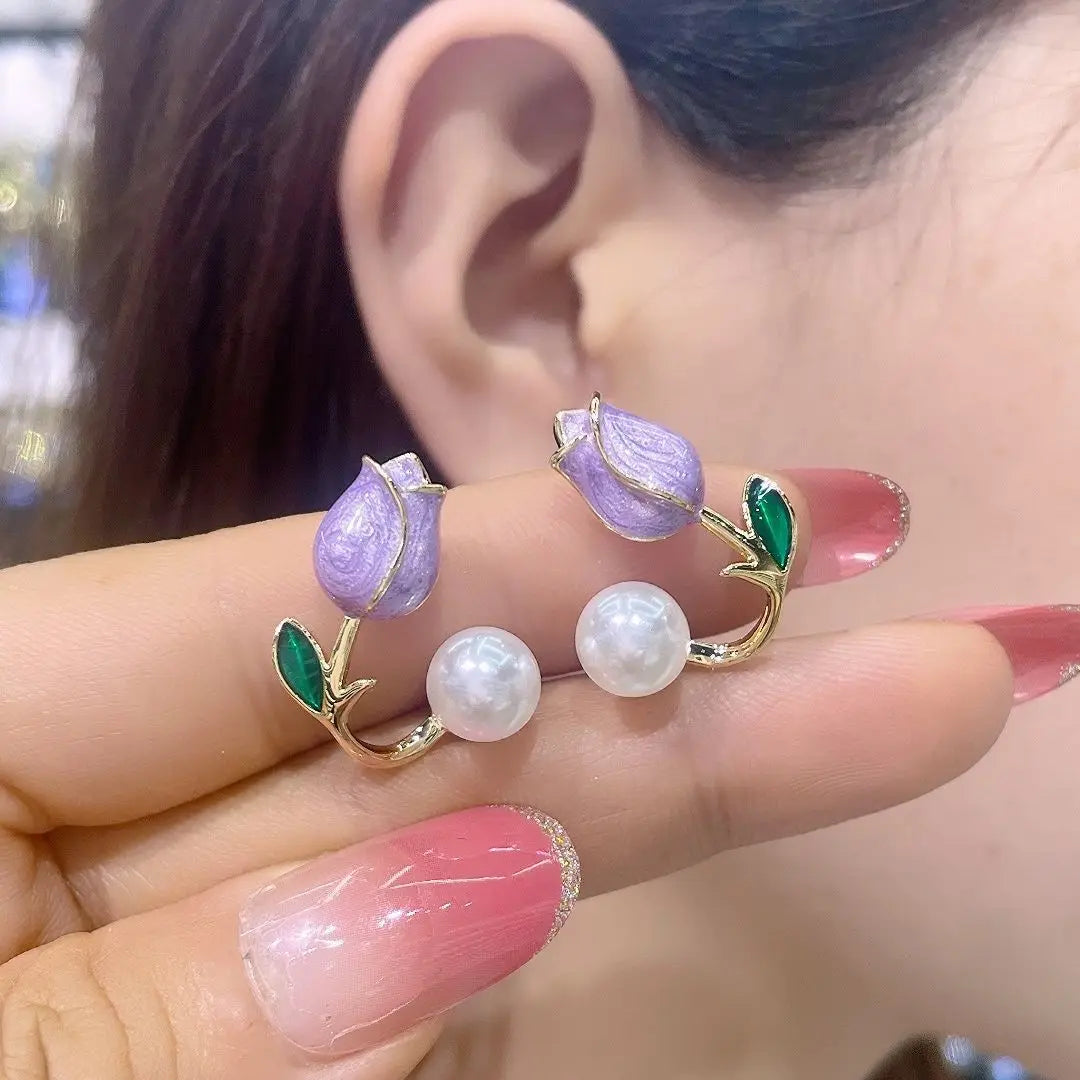 ZAKOL Fresh Rose Stud Earrings with Imitation Pearl Sweet Pink Tulip Earrings Exquisite New Accessories for Women Trendy Jewelry