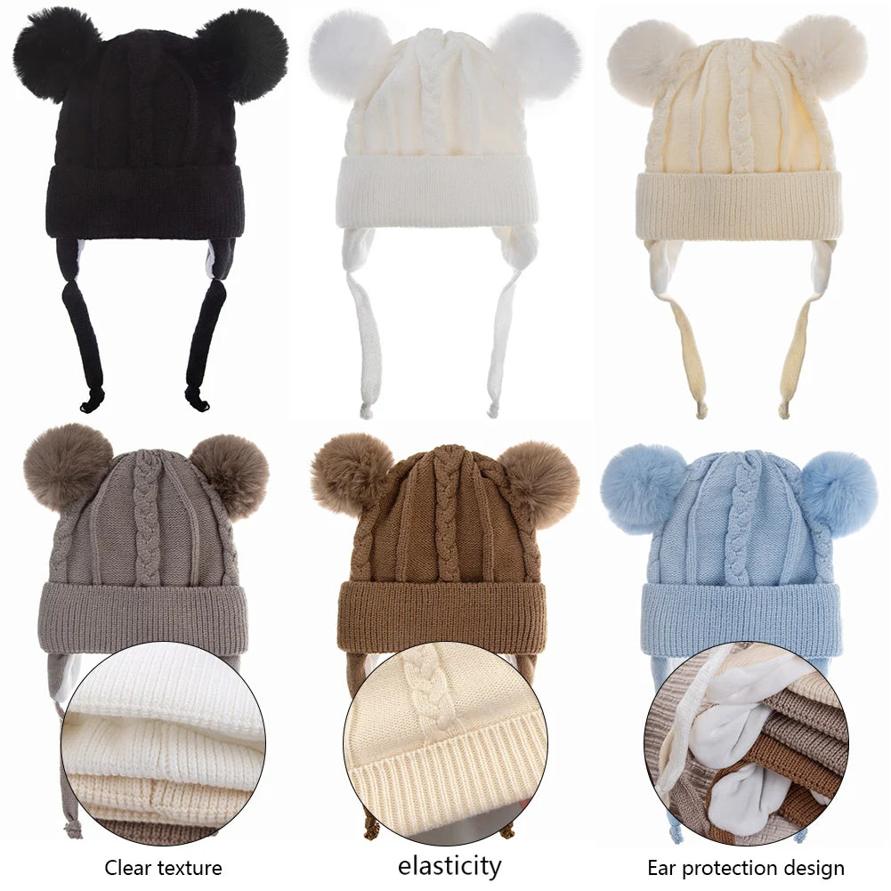 Cute Bear Earpuff Textured Knit Hats Pompom Baby Boys Girls Thick Warm Winter Ear Protection Caps Cotton Lining Kids Headwraps