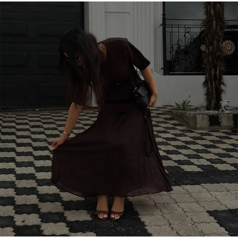Chic Splicing Brown Half Sleeve Maxi Dress Women's Casual Pleated A-line Slim Vestidos Female Office Commute Street Robes