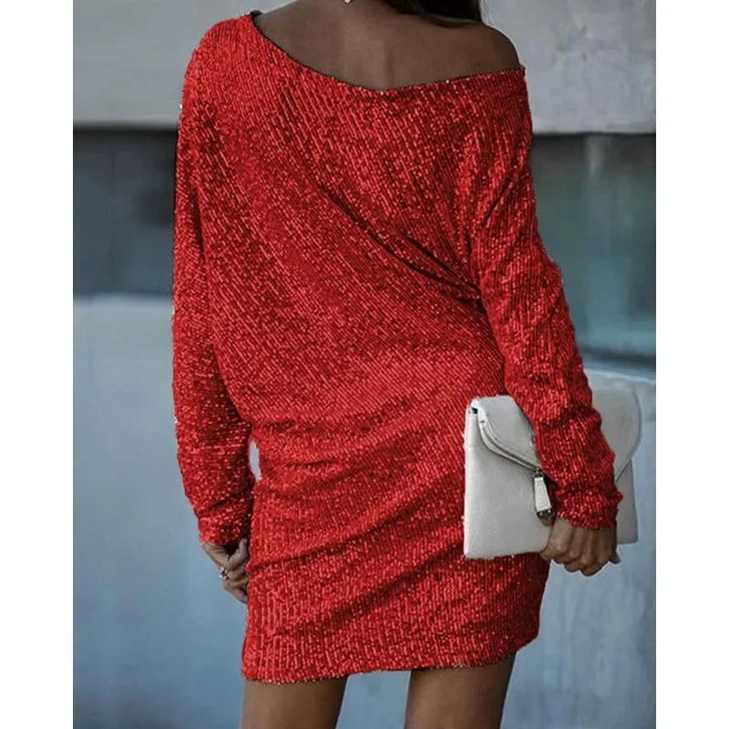 Sexy Slim-Fit Sequined Mini Dress Autumn and Winter New Dress Women Long Sleeve Off Shoulder Slash Neck Party Formal Dress