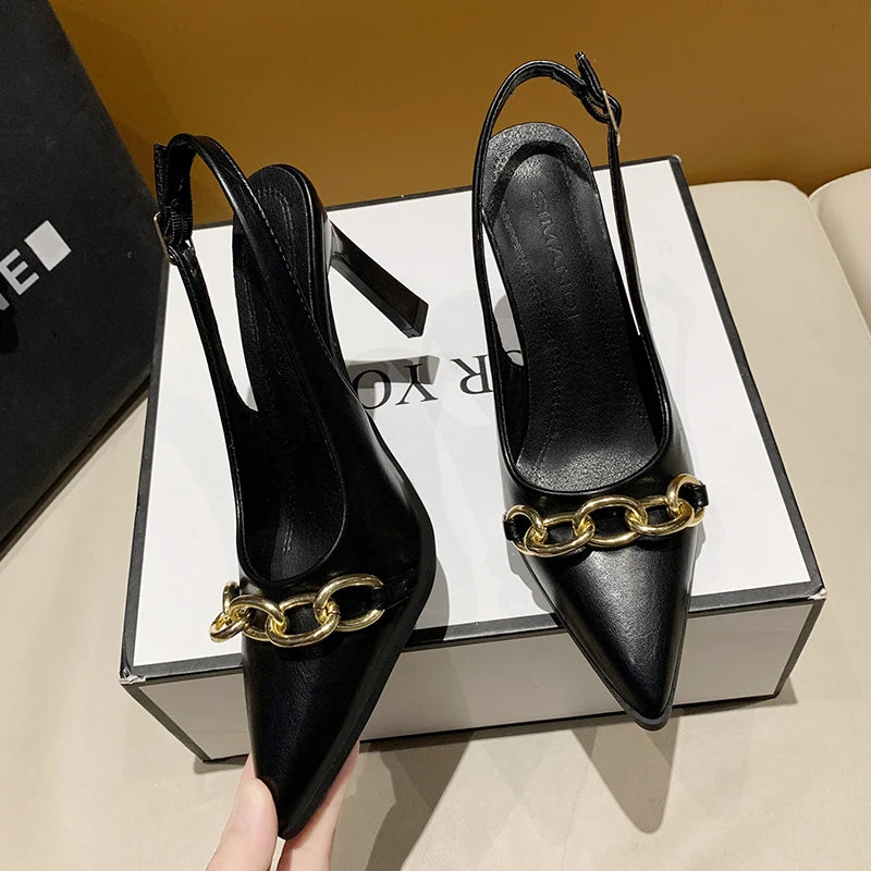 Summer Women Sandals Elegant Versatile Women High Heels Party Wedding Fashion Point-toe Ladies Causal Dresses Shoes Metal Chain