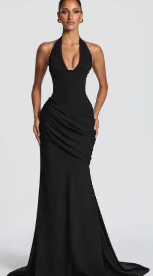 Sexy Yellow Mermaid Maxi Dress Halter Plunging V Neck Pleated Bust Ruched Waist Bodycon Dresses Trendy Social Gathering Vestido
