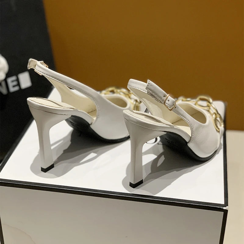 Summer Women Sandals Elegant Versatile Women High Heels Party Wedding Fashion Point-toe Ladies Causal Dresses Shoes Metal Chain