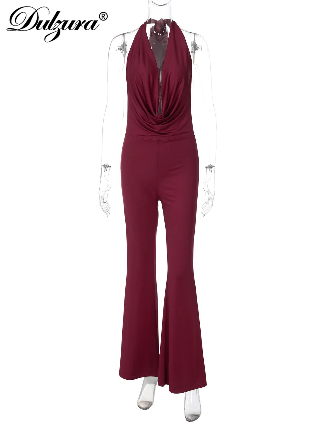 Dulzura Summer Solid Sexy Halter Swinging Collar Backless Slim Lace Up Flared Jumpsuit