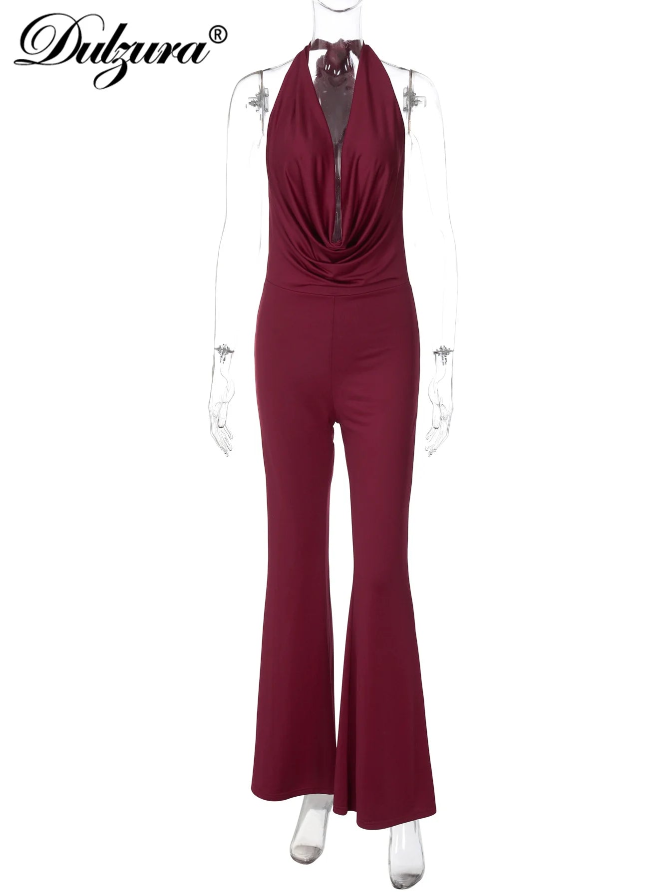 Dulzura Summer Solid Sexy Halter Swinging Collar Backless Slim Lace Up Flared Jumpsuit