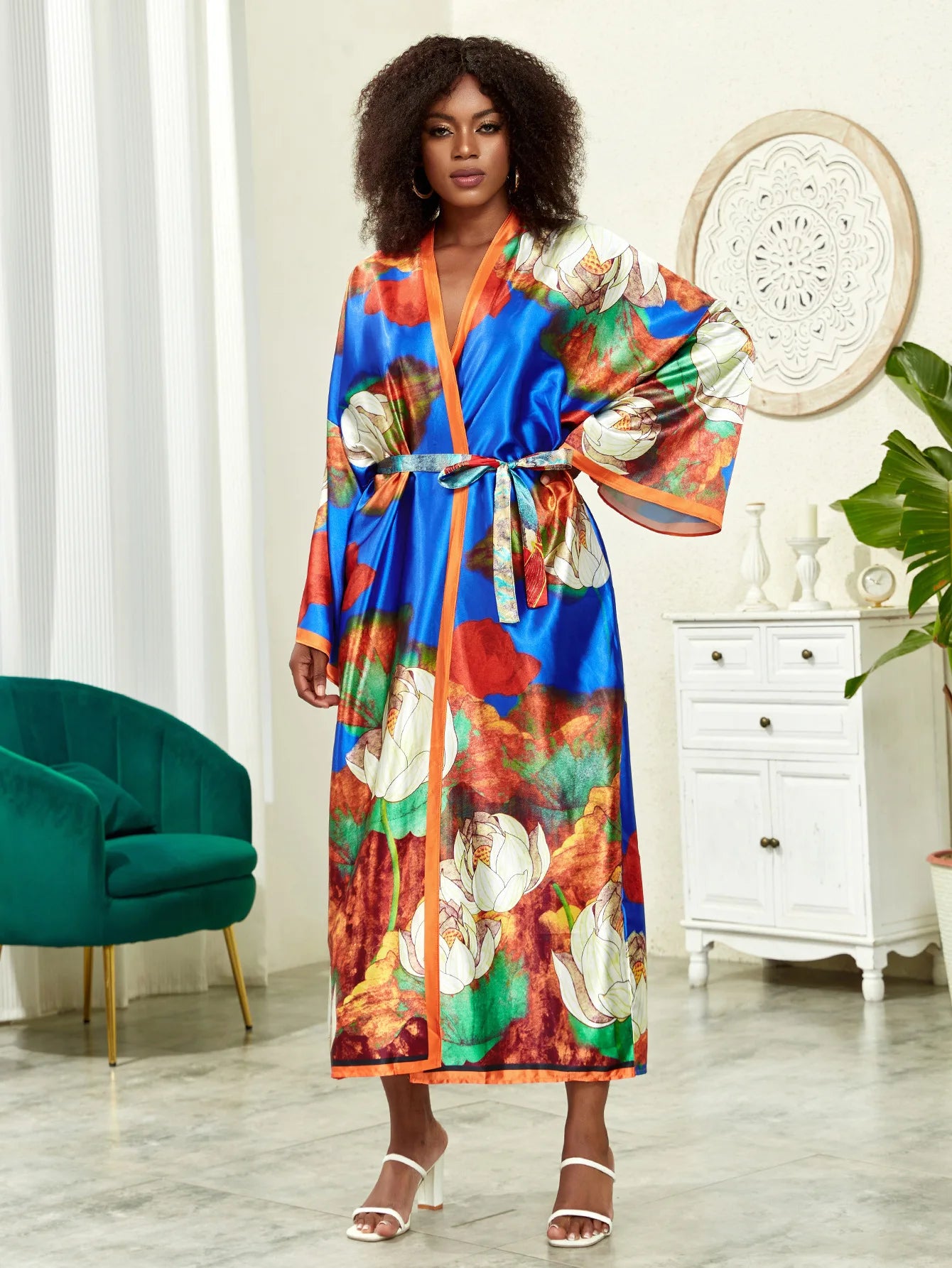Long Kimono Bath Robe Gown Wide Sleeve Print Flower Robe Women Satin Nightgown New Silk Satin Nightdress V-Neck Lounge Sleepwear