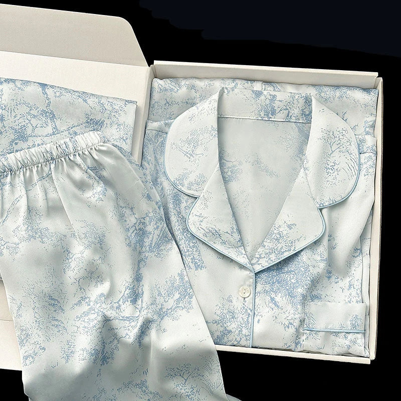 Women Sleepwear 2PCS Pajamas Set Sexy Print Flower Long Sleeve Trouser Suits Loungewear Loose Casual Satin Home Clothes Pyjama