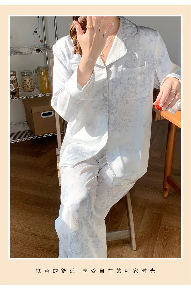 Women Sleepwear 2PCS Pajamas Set Sexy Print Flower Long Sleeve Trouser Suits Loungewear Loose Casual Satin Home Clothes Pyjama