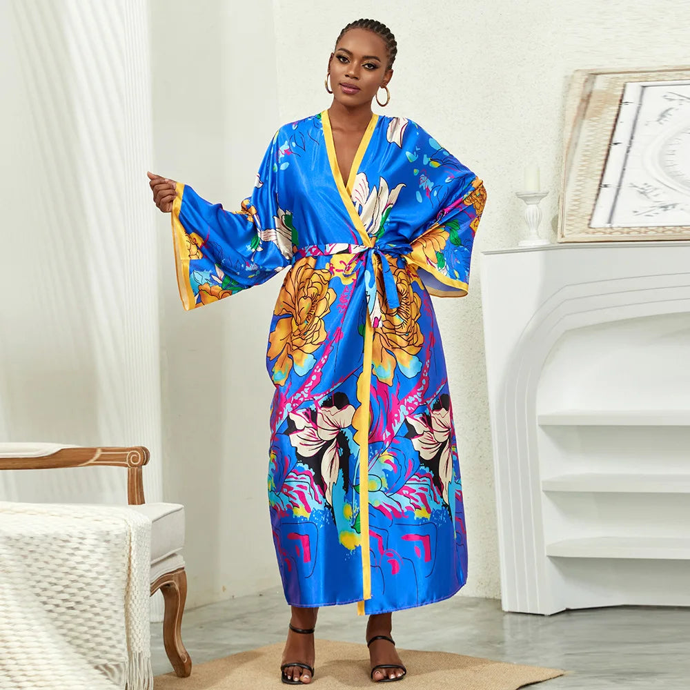 Long Kimono Bath Robe Gown Wide Sleeve Print Flower Robe Women Satin Nightgown New Silk Satin Nightdress V-Neck Lounge Sleepwear