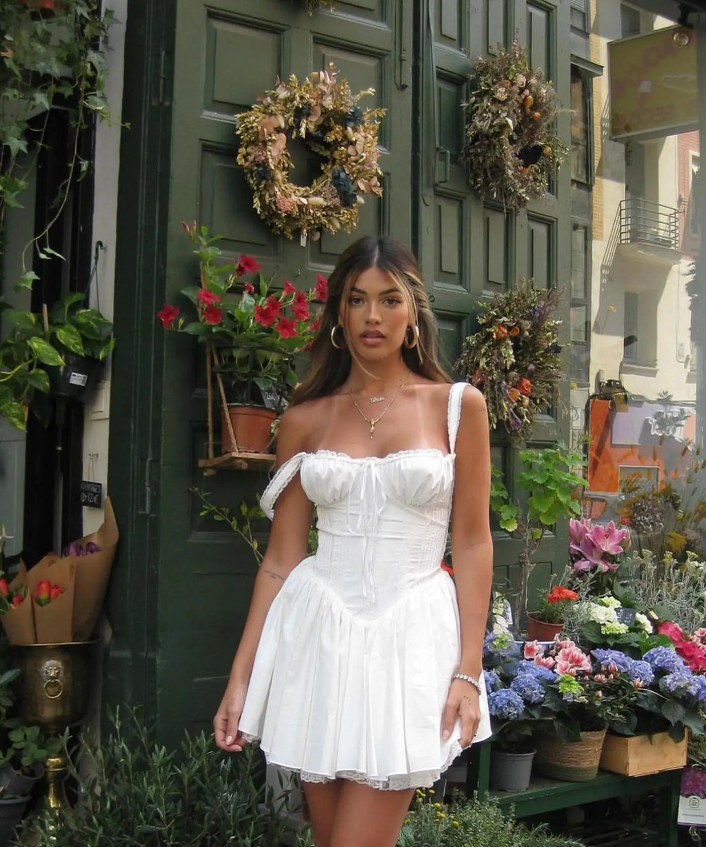Mingmingx White A Line Party Dresses Women Mini Elegant Lace Up Holiday Dress Casual Spaghetti Strap Summer Women Clothing
