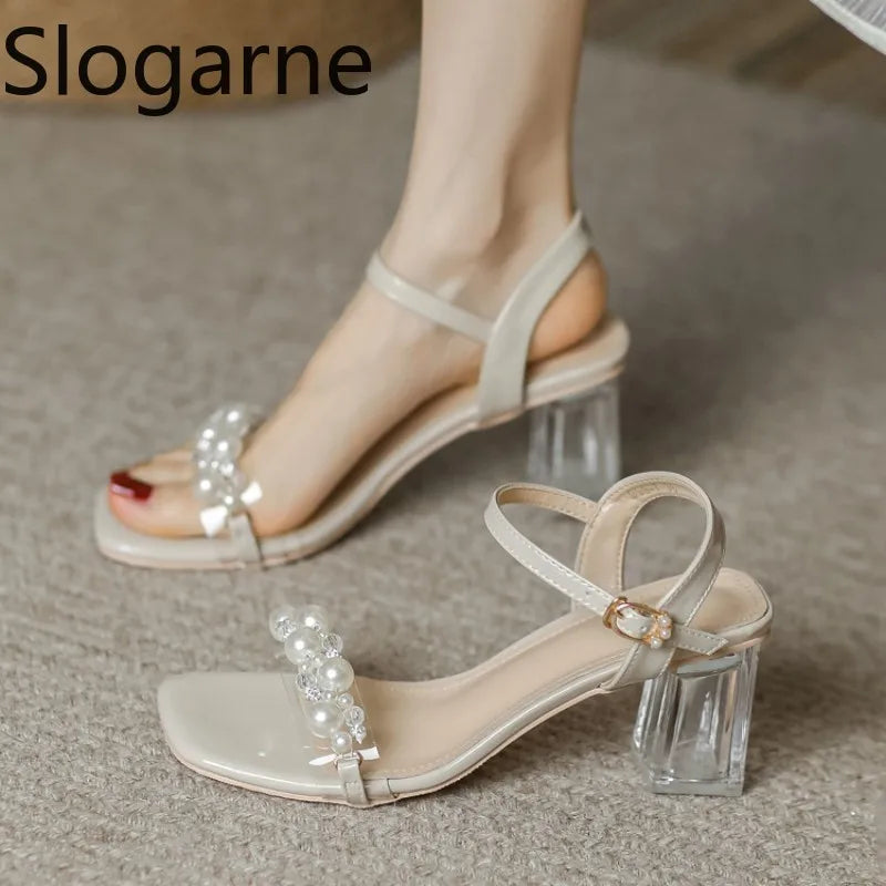 Summer Fahsion Sandals Women 2026 New Pearl High Heels Slippers Girls Crystal Heel Summer Shoes Trendy Slides Transparent Sandal