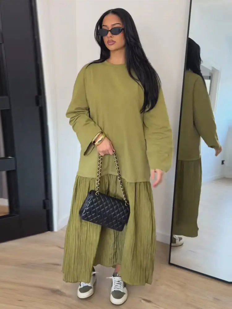 Short Sleeve Patchwork Oversized Long Dress Women Elegant O-neck Pleated Loose Party Evening Dresses Summer Casual Lady Vestidos