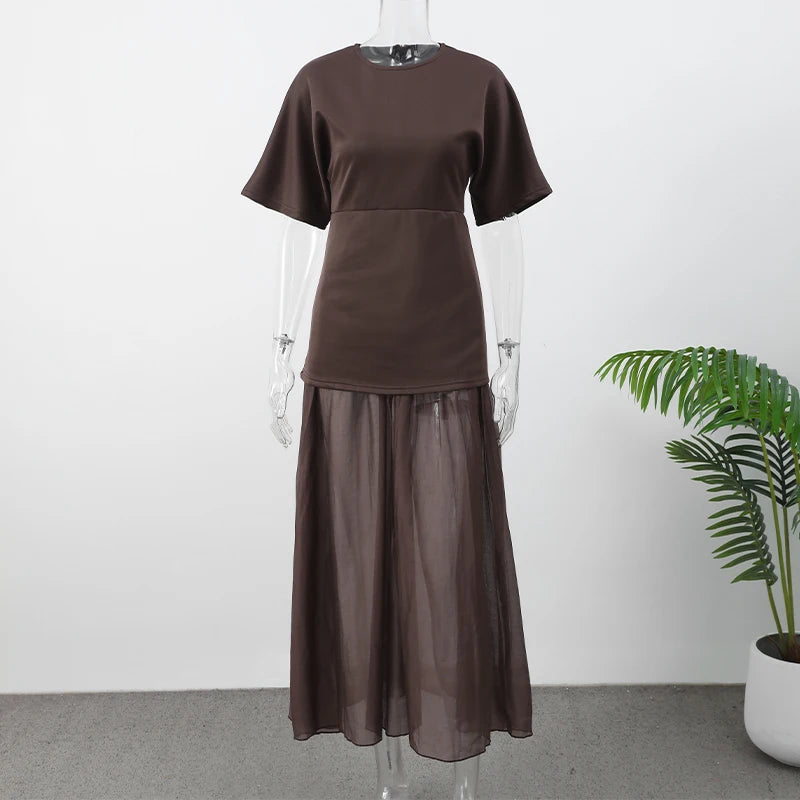 Chic Splicing Brown Half Sleeve Maxi Dress Women's Casual Pleated A-line Slim Vestidos Female Office Commute Street Robes