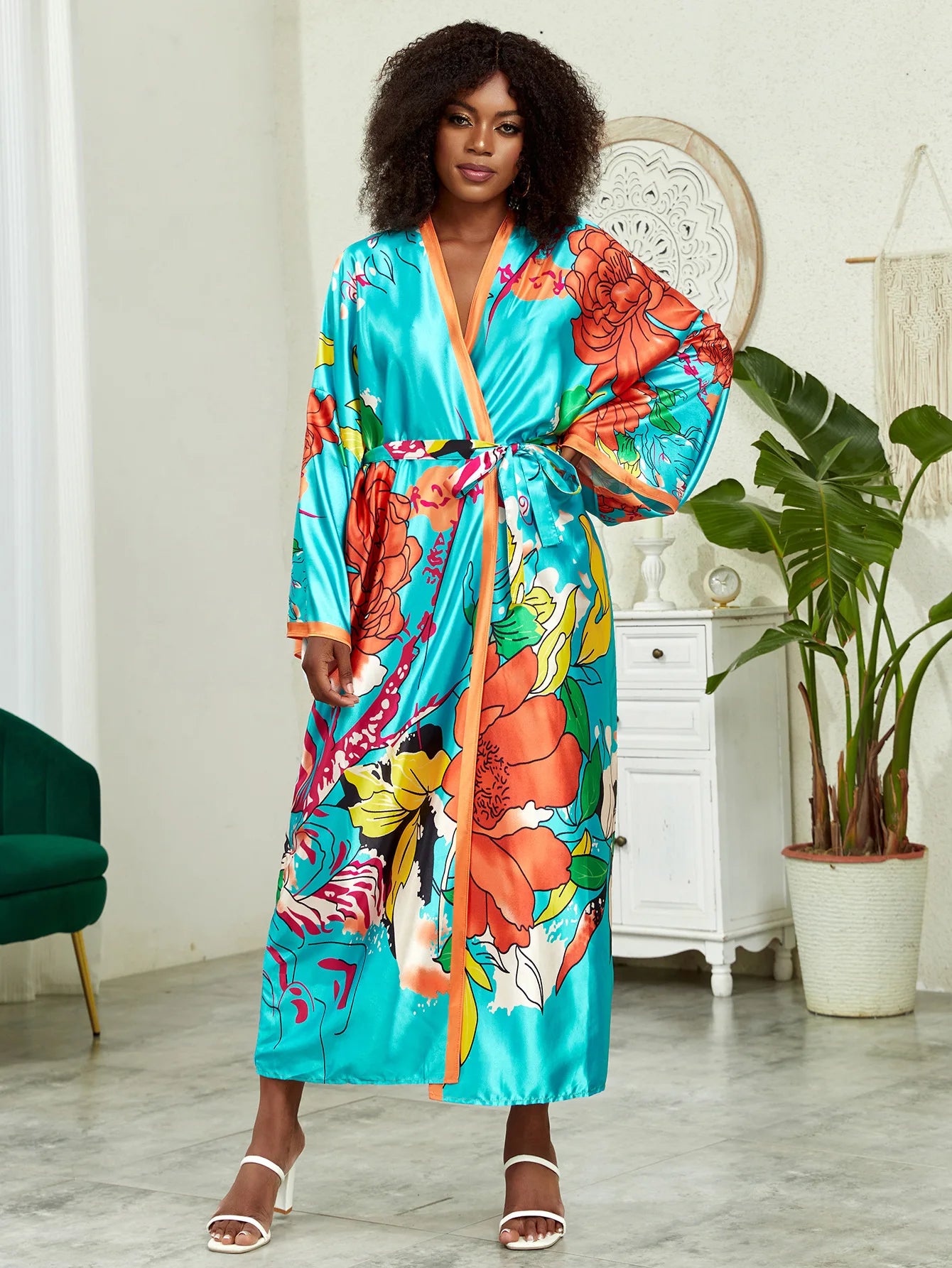 Long Kimono Bath Robe Gown Wide Sleeve Print Flower Robe Women Satin Nightgown New Silk Satin Nightdress V-Neck Lounge Sleepwear