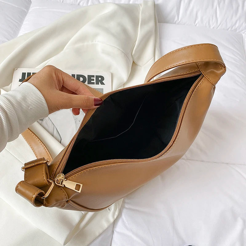 Half Moon Small PU Leather Zipper Crossbody Bags For Women Solid Color Shoulder Handbags 2025 Trends Winter Luxury Brand