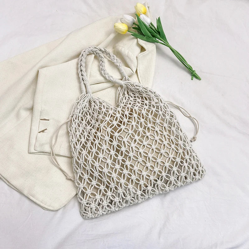 Summer Woven Bag for Women Handbags Handmade Knitted Beach Boho Shoulder Bag Large Tote Bag Hollow Out Shopping Bag