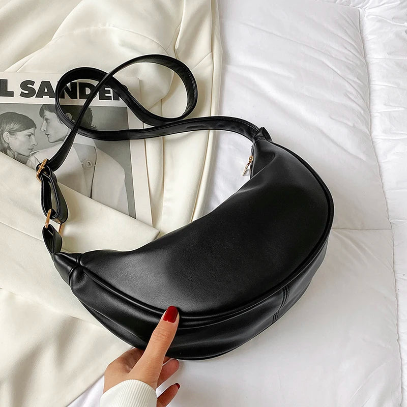 Half Moon Small PU Leather Zipper Crossbody Bags For Women Solid Color Shoulder Handbags 2025 Trends Winter Luxury Brand