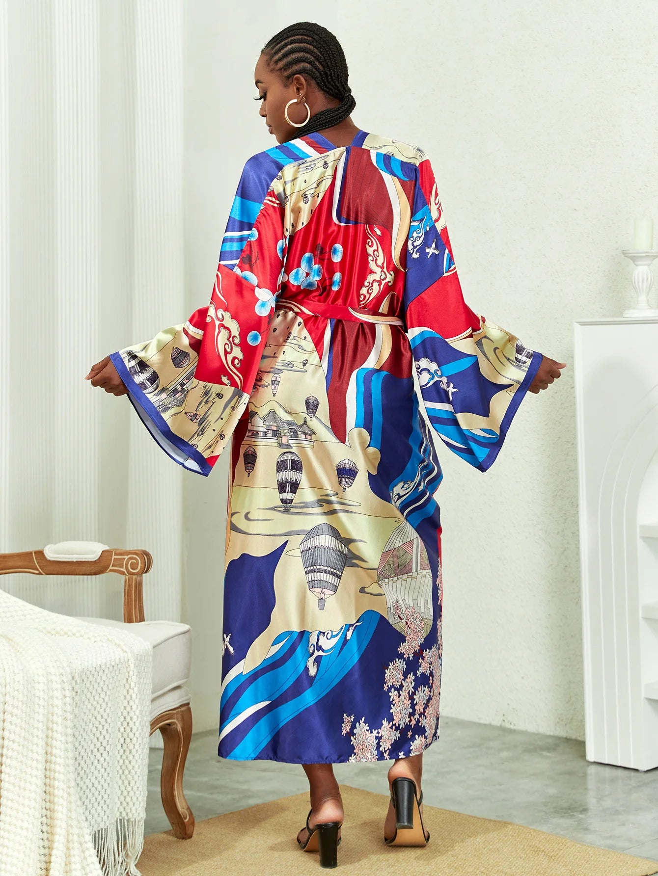 Long Kimono Bath Robe Gown Wide Sleeve Print Flower Robe Women Satin Nightgown New Silk Satin Nightdress V-Neck Lounge Sleepwear