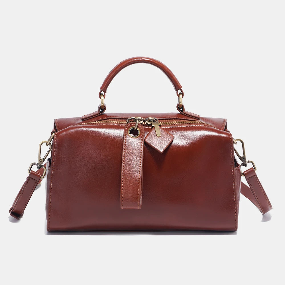Zency Oil Wax Leather Vintage Green Handbag Women Shoulder Bag Satchel Black Wave Pattern Wide Strap Classic Boston Bag Purse
